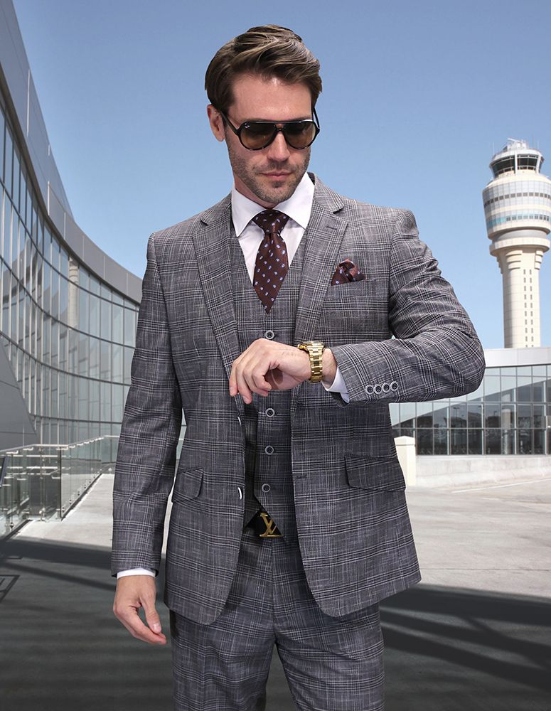 Statement Men's 3 Piece 100% Wool Fashion Suit - Classic Glen Plaid
