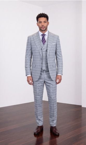 Statement Men's Outlet 3 Piece 100% Wool Wide Leg Suit- Windowpane Plaid