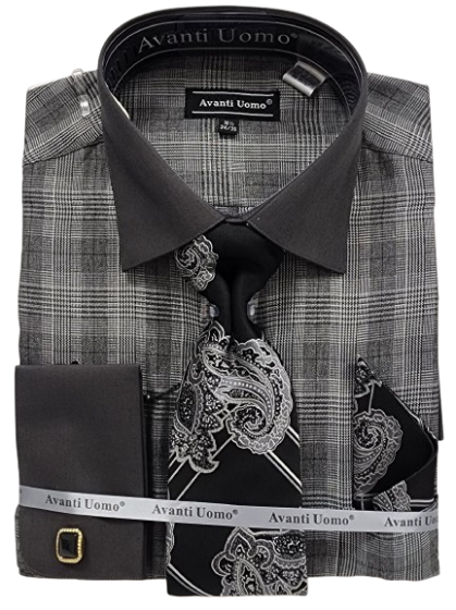 Avanti Uomo Men's Outlet French Cuff Shirt Set - Glen Check with Solid Collar