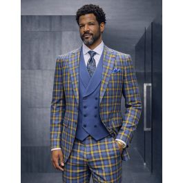 Pledge Suits Statement Men's 3 Piece 100% Wool Tailored Fit Suit - Windowpane Plaid