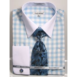 Daniel Ellissa Checker Pattern French Cuff Dress Shirt DS3786P2 Blue