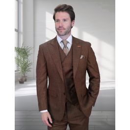 Saboo by Statement Men's Outlet 3 Piece Plaid 100% Wool Modern Fit Suit - Double Breasted Vest