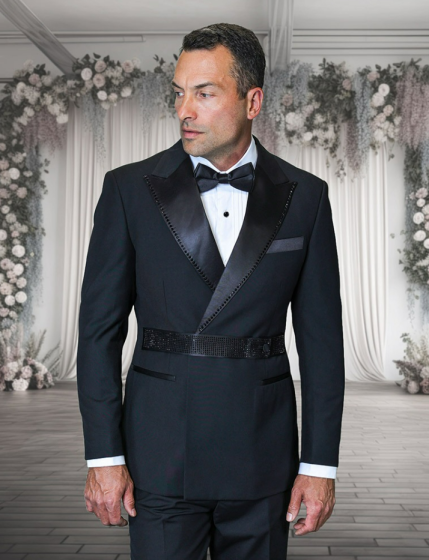 Statement Men's Outlet 2 Piece 100% Wool Modern Fit Double Breasted Tuxedo - Rhinestone Belt
