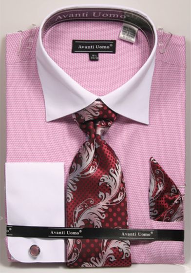 Avanti Uomo Men's French Cuff Dress Shirt Set - Herringbone