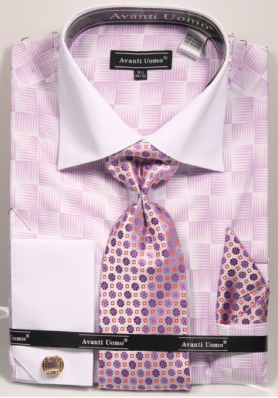 AVANTI UOMO MONOTONE GLEN CHECK ROUND WHITE COLLAR & CUFF DN131M LAVENDER main image 0
