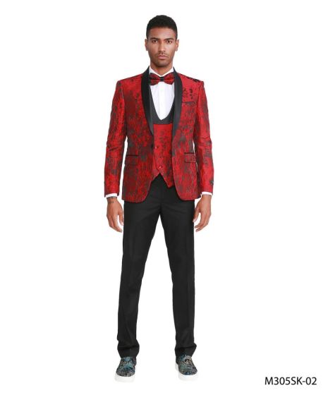Tazio Men's 3 Piece Skinny Fit Suit - Black Shawl Lapel