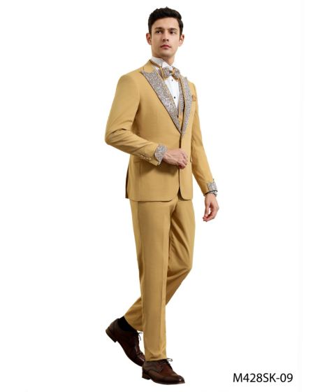 CCO Men's Outlet 3 Piece Skinny Fit Suit - Rhinestone Accents