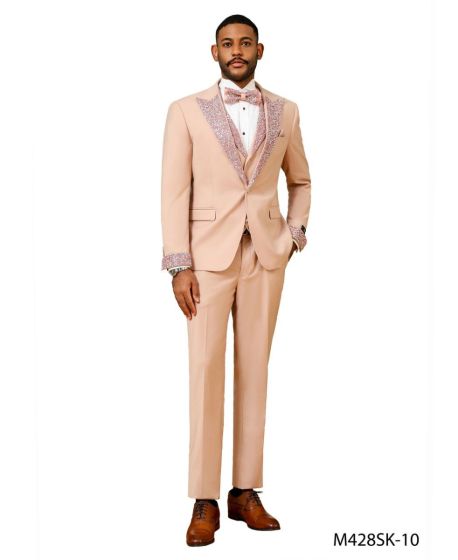 CCO Men's Outlet 3 Piece Skinny Fit Suit - Rhinestone Accents
