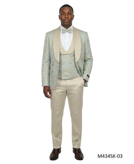 Light Green Suit Jacquard Fabric Suit Jacket Double Breasted Vest