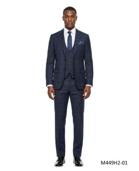 Navy Blue Suit Hybrid Fit Suits Windowpane Pattern