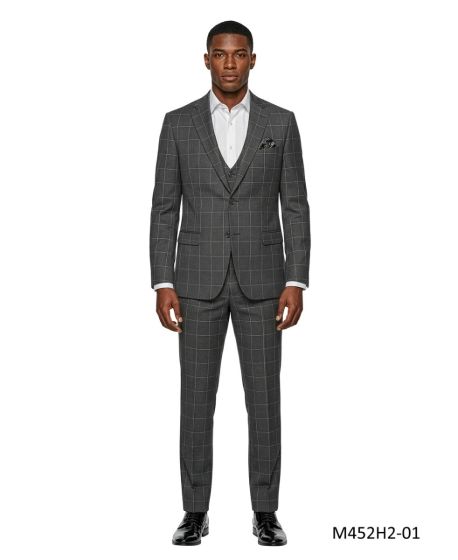 Dark Grey Mens Suit Windowpane Suits for Men