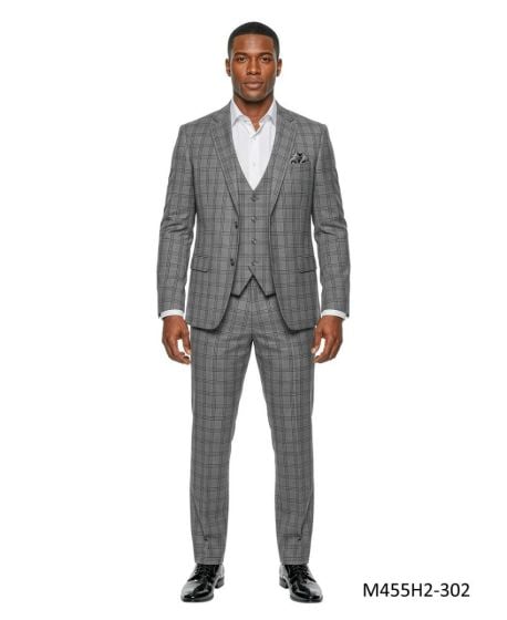 CCO Men's Outlet 3 Piece Hybrid Fit Suit - Windowpane Plaid