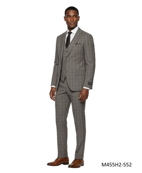 CCO Men's Outlet 3 Piece Hybrid Fit Suit - Windowpane Plaid