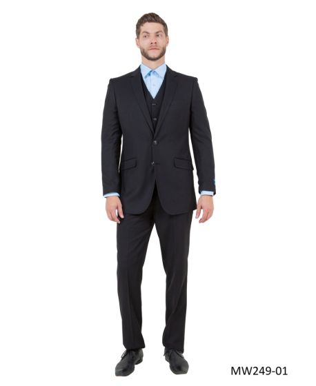 CCO Men's Outlet 3 Piece Modern Fit 100% Wool Suit - Solid Colors