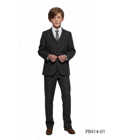 Perry Ellis Boy's 3 Piece Suit - Windowpane Pattern