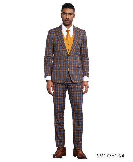 CCO Men's Outlet 3 Piece Plaid Hybrid Fit Suit - Accent Vest