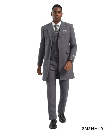 Grey Suit 3 Piece Suits for Gents Overcoat Jacket Vest with Lapel Zoot Suit