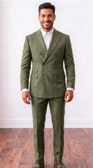CCO Men's Outlet 2 Piece Double Breasted Glen Plaid Suit - Peak Lapel