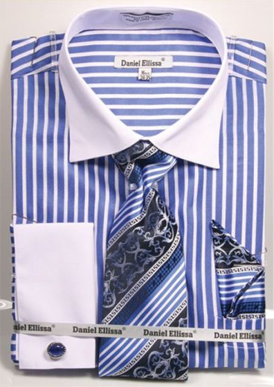 Daniel Ellissa Men's Outlet French Cuff Shirt Set - Two Tone Stripe