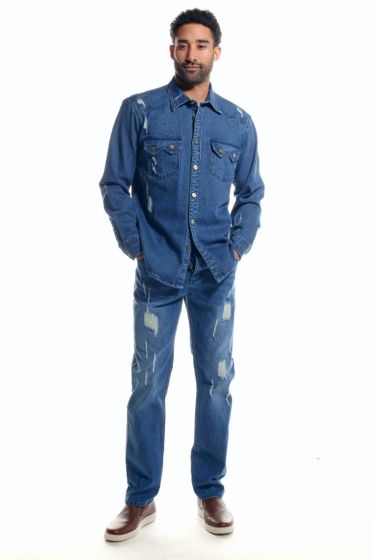 Stacy Adams Men's 2 Piece Long Sleeve Denim Walking Suit - Faux Rips