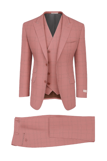 Tiglio Rosso Men's 3 Piece 100% Wool Suit - Wide Leg Pants - Pink Windowpane