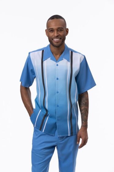 Light Blue Mens Walking Suit Striped Shirt