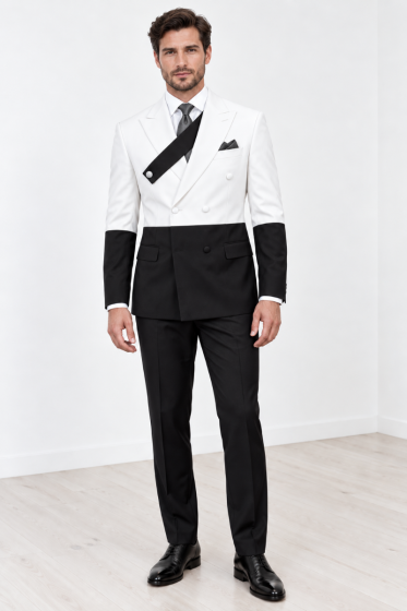 Statement Men's Outlet 2 Piece 100% Wool Modern Fit Double Breasted Suit - Two Tone Jacket