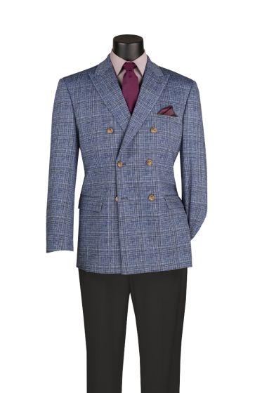 Blue Blazer Double Breasted Suit Jacket Peak Lapel Stretch Fabric Machine Washable