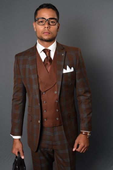 Statement Men's Outlet 3 Piece 100% Wool Fashion Suit - Classic Plaid Pattern