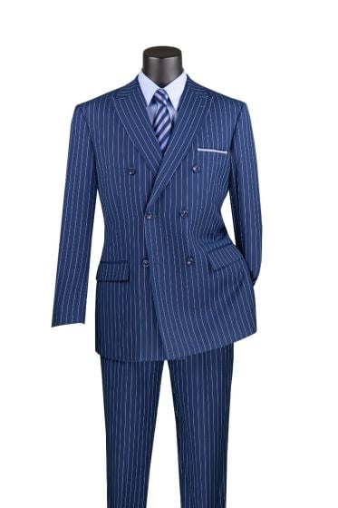 Vinci Men's 2 Piece Double Breasted Suit - Banker Pinstripe