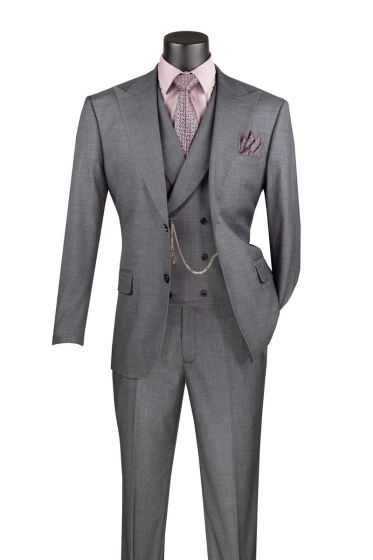 Vinci Men's 3 Piece Wool Feel Modern Fit Suit - Double Breasted Vest