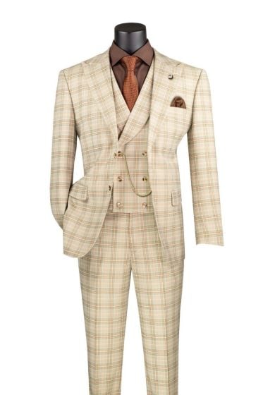 Tan Suit Windowpane Plaid Fabric Peak Lapel