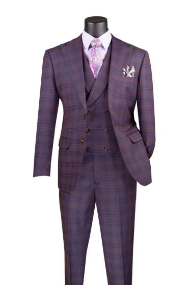 Purple Suit Windowpane Plaid Fabric Peak Lapel