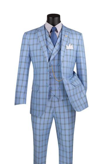 Vinci Men's 3 Piece Windowpane Suit - Double Breasted Vest