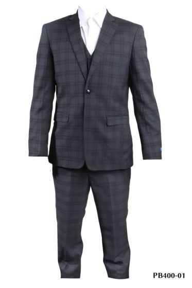 Perry Ellis Boy's 3 Piece Suit - Fashion Windowpane