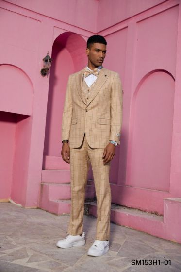 Tan Plaid Suits Peak Lapel Men Suits