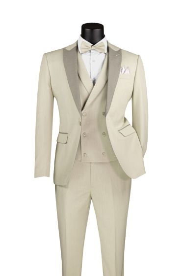 Vinci Men's 3 Piece Wool Feel Slim Fit Suit - Contrasted Lapel