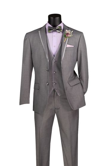 Vinci Men's 3 Piece Wool Feel Slim Fit Suit - Lapel Accent