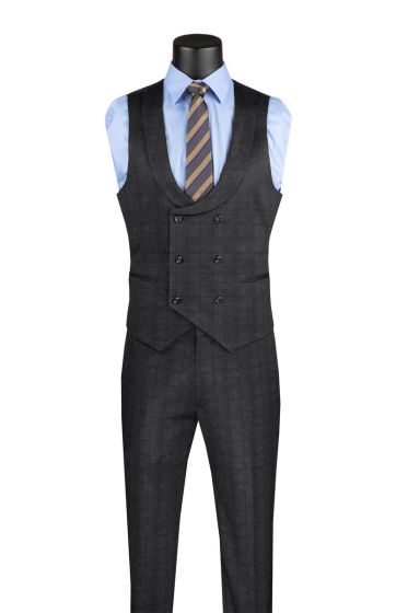 Onyx Black Checks-Plaid Premium Wool Blend Double Breasted Suit For Men