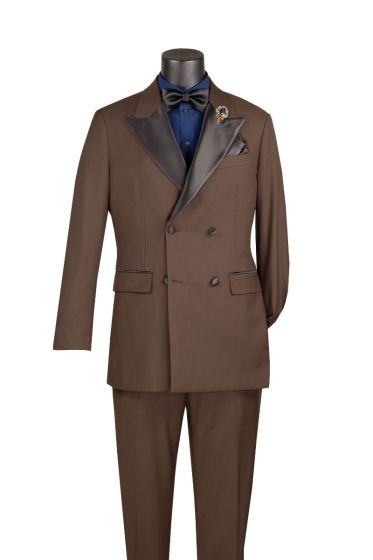 Brown Double Breasted Tuxedo with Peak Lapel Satin Trimmed Pants with Adjustable Waistband