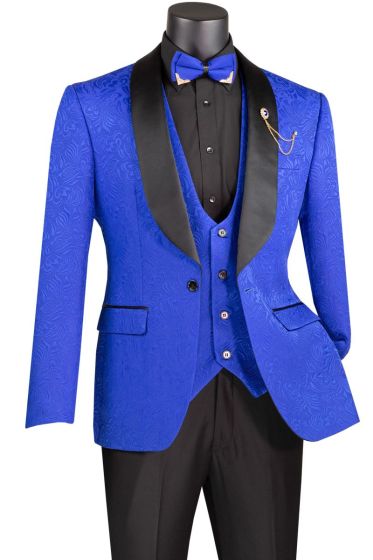 CCO Men's Outlet 3 Piece Wool Feel Slim Fit Tuxedo - Jacquard Fabric