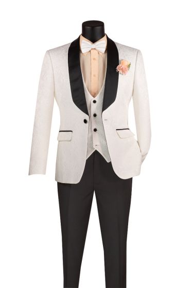 CCO Men's Outlet 3 Piece Wool Feel Slim Fit Tuxedo - Jacquard Fabric