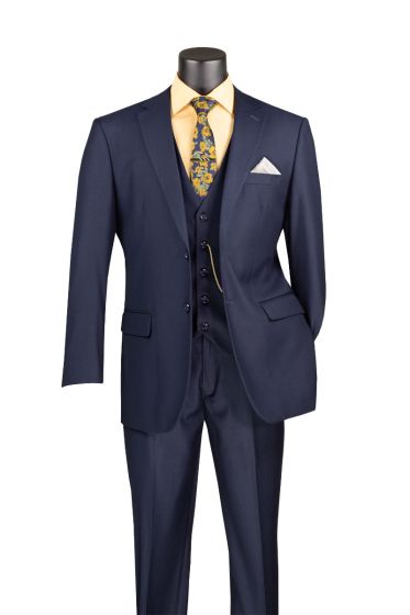Vinci Men's 3 Piece Wool Feel Classic Suit - Flat Front Pants