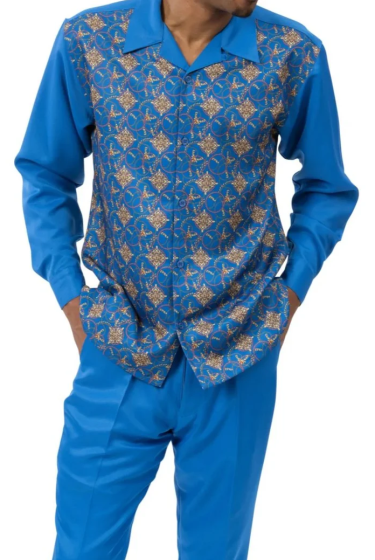 Blue Montique Men's Gold Medallion Pattern Leisure Suit