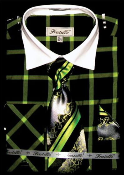 Fratello Men's Outlet French Cuff Dress Shirt Set - Dramatic Windowpane