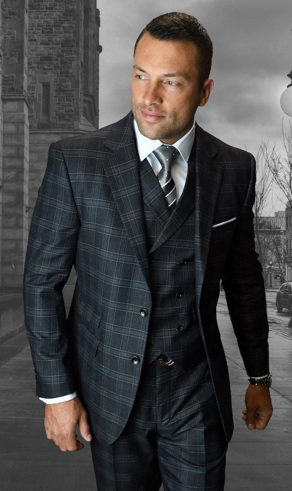 Statement Men's 3 Piece Wool Outlet Suit - Windowpane Check