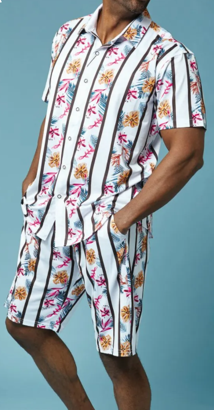Stacy Adams Men's 2 Piece Short Set Walking Suit - Floral Stripes