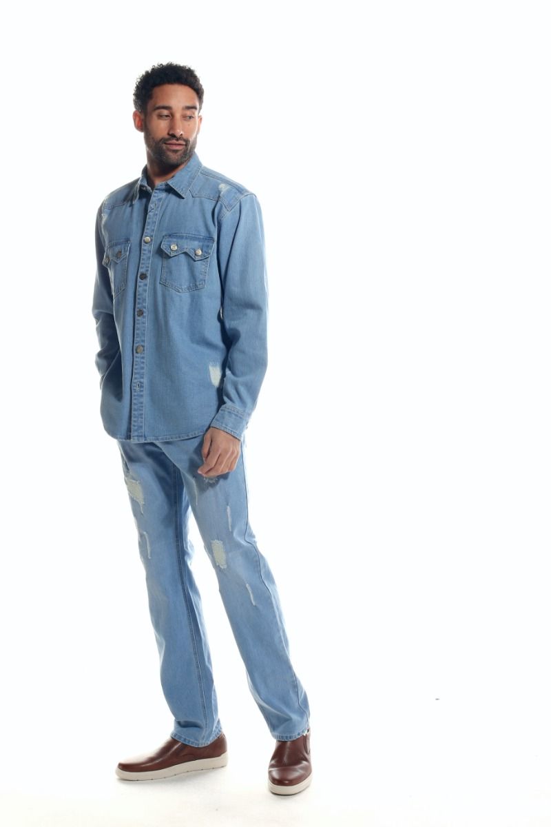 Stacy Adams Men's 2 Piece Long Sleeve Denim Walking Suit - Faux Rips