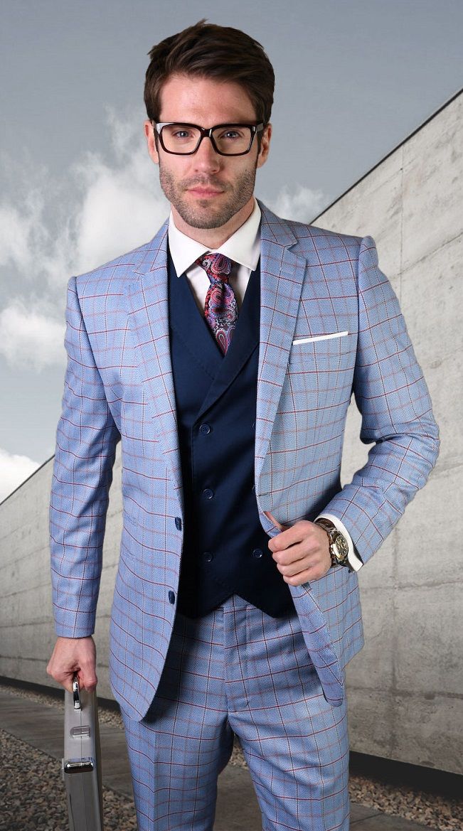Statement Men's Outlet 3 Piece 100% Wool Fashion Suit - Windowpane Plaid Style