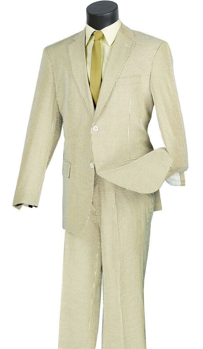 VINCI Men's Tan Striped Seersucker 2 Button Classic Fit Suit 100% Cotton NEW 